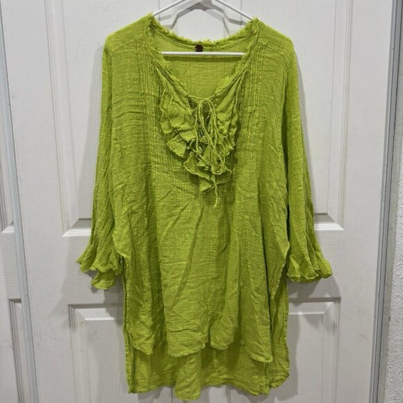 Women’s Free People One Green Bright Poppy Ruffled Collar Small S Blouse Shirt - Picture 2 of 10